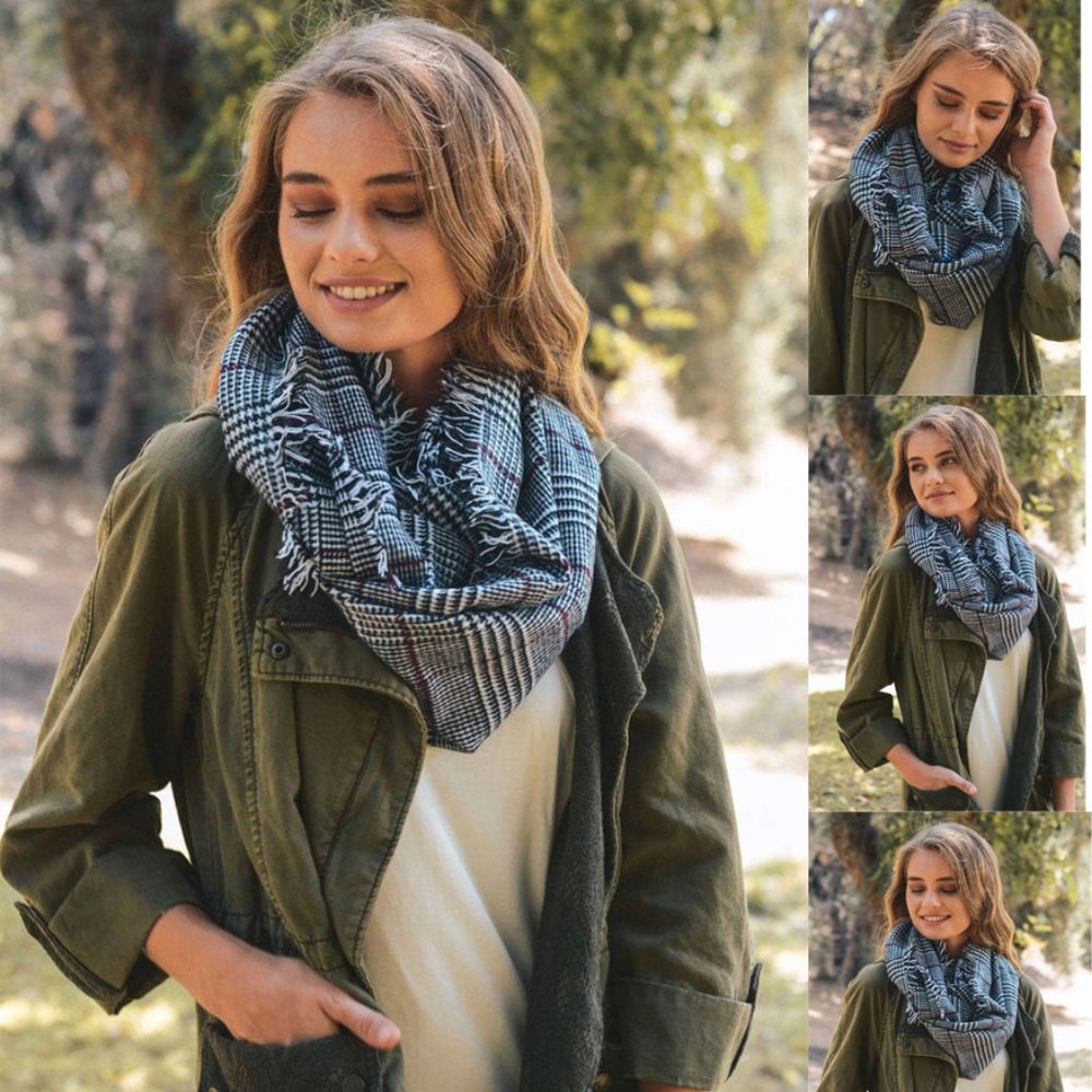 Glen Check Frayed Trim Infinity Scarf